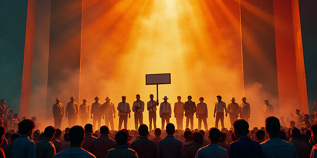 a group of people standing on a stage with a sign in front of them and a crowd of people standing be