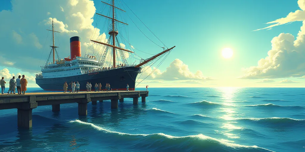 a group of people standing on a pier next to a large ship in the ocean with a sun shining, Eiichiro