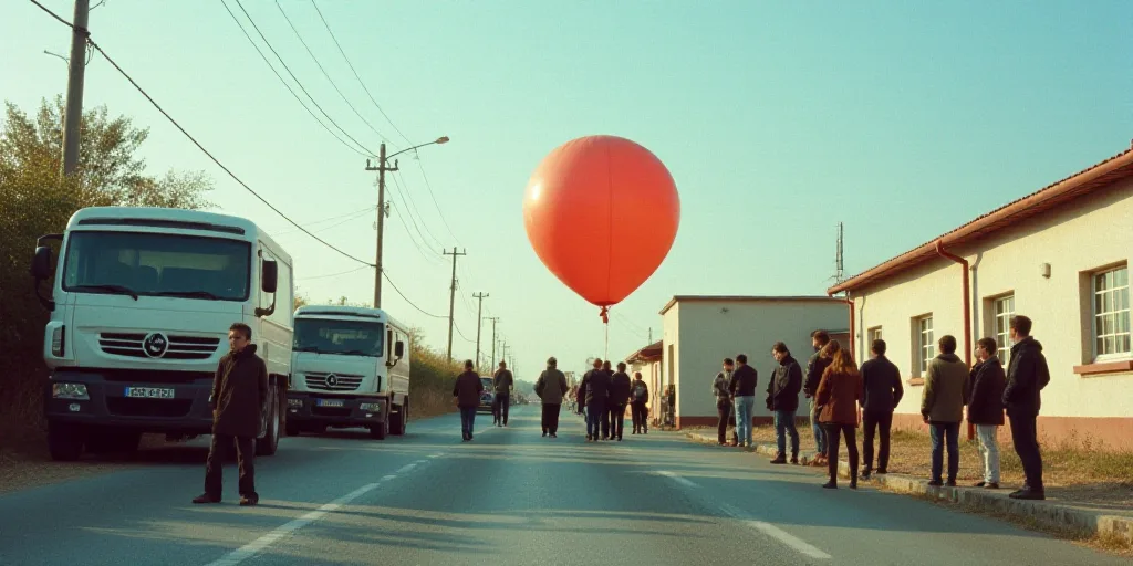 a group of people standing on the side of a road next to a truck and a building with a large balloon
