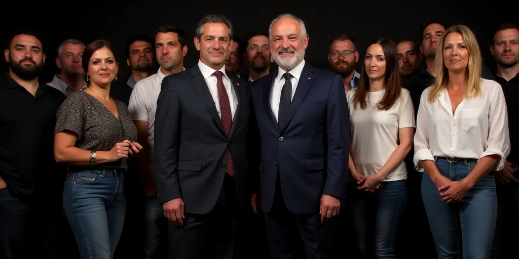 a group of people standing on a stage with a man in a suit and tie and a woman in a white shirt, Art