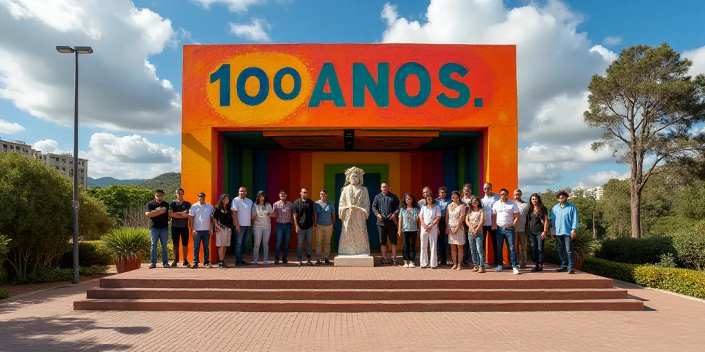 a group of people standing on a stage in front of a building with a sign that says 100 anos, David A