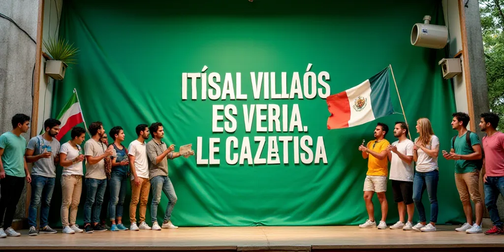 a group of people standing on a stage holding flags and banners in front of a banner that reads,, An