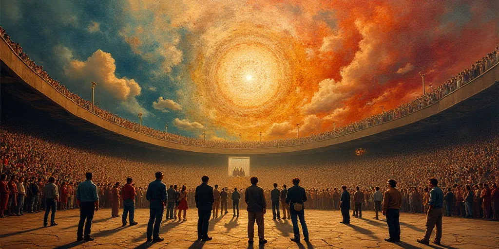 a group of people standing on a stage in front of a crowd of people in a stadium with a large crowd