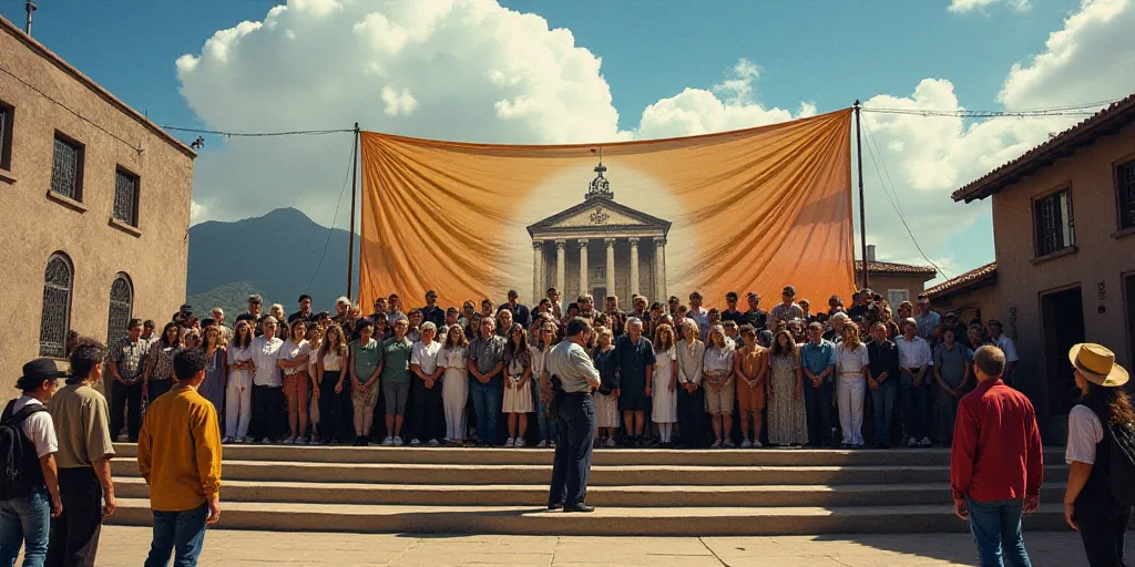 a group of people standing on a stage in front of a banner with a building on it and a person standi