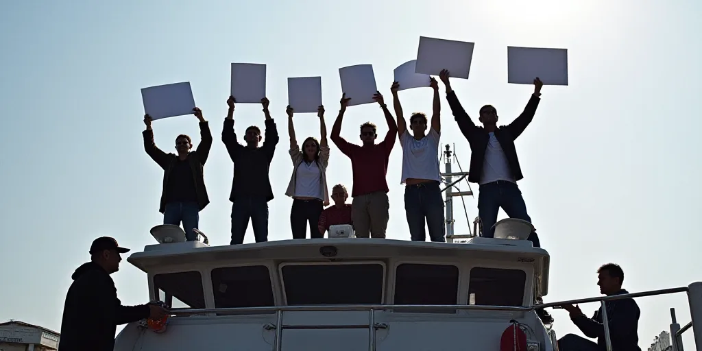 a group of people standing on top of a boat holding up signs and cameras in the air with their hands
