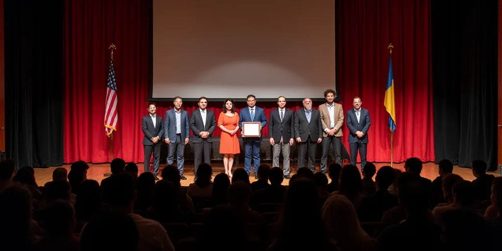 a group of people standing on a stage with a plaque in front of them and a crowd of people behind th