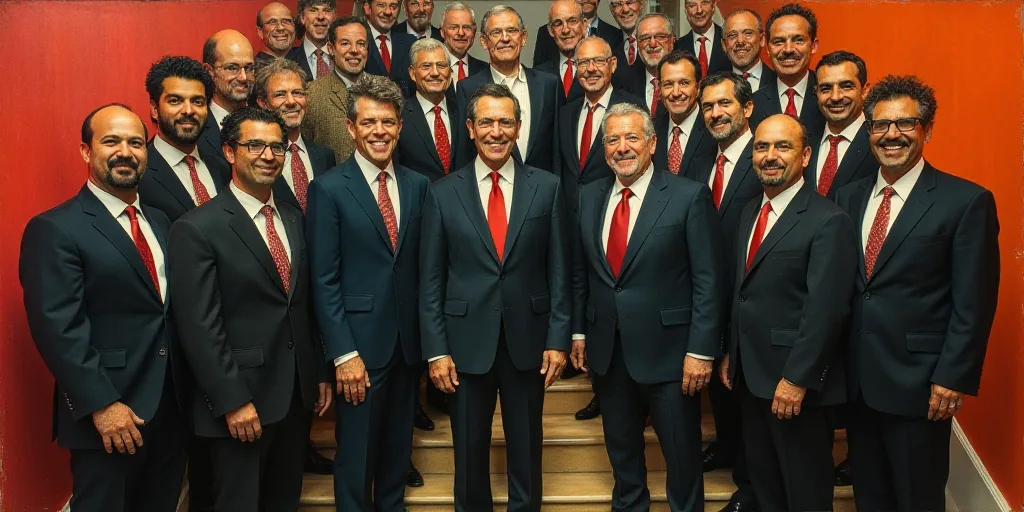 a group of people standing on a staircase together in suits and ties, all smiling for a picture with