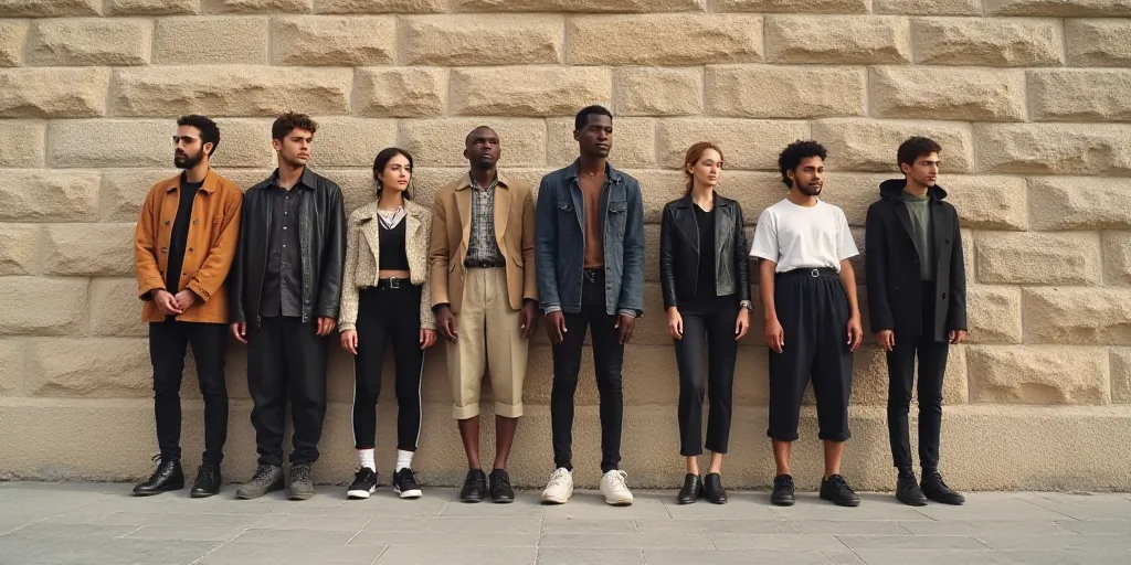 a group of people standing on a sidewalk next to a wall with their feet up on a stone wall, Afewerk