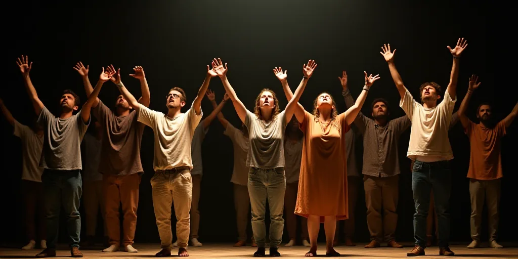 a group of people standing on a stage with their hands up in the air and their mouths open in front