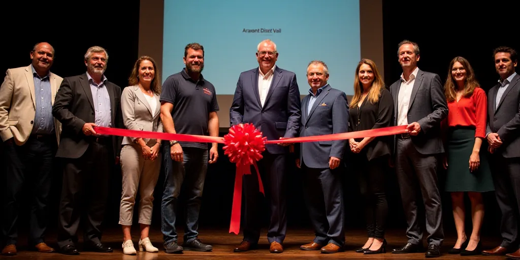 a group of people standing on a stage holding a ribbon in front of them and a man in a suit, Arament