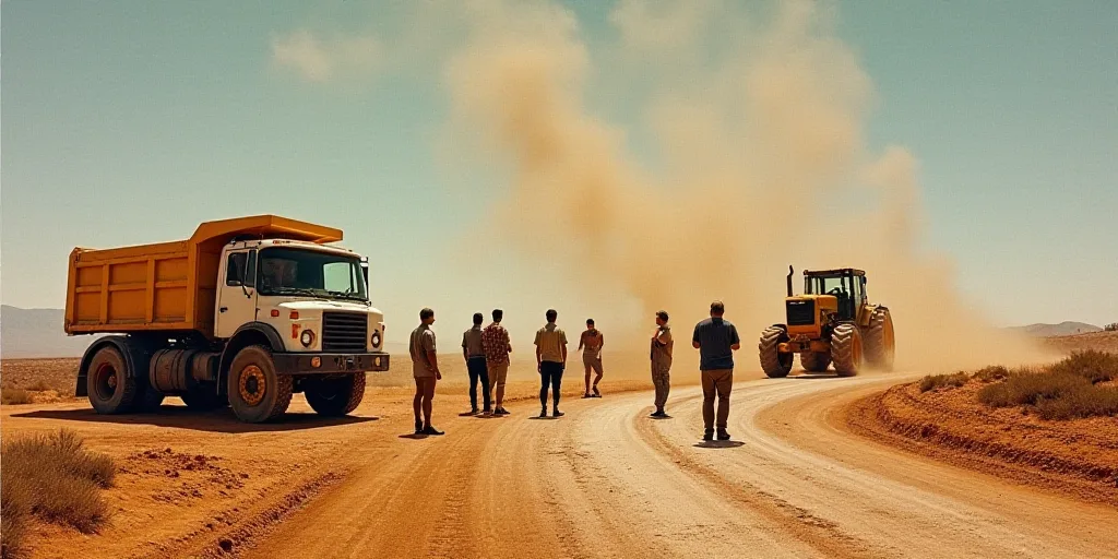 a group of people standing on a dirt road next to a construction truck and a tractor in the backgrou