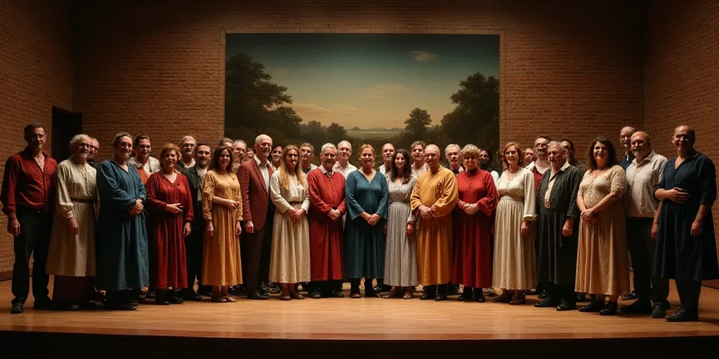 a group of people standing on a stage posing for a picture together with a backdrop of a brick wall,