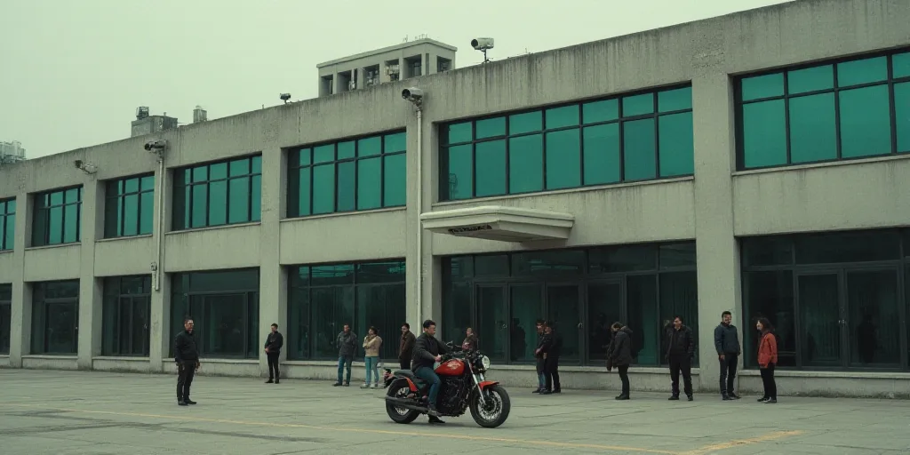 a group of people standing outside of a building with cameras around them and a man on a motorcycle
