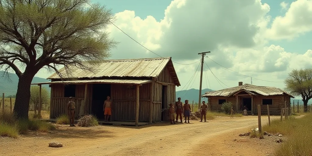 a group of people standing outside of a shack next to a tree and a building with a roof and a fence,