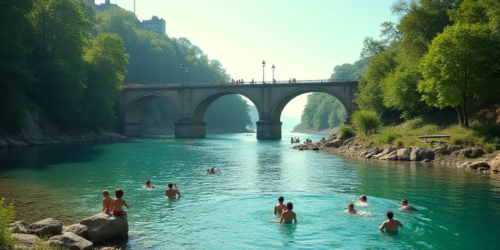 a group of people swimming in a river next to a bridge and a bridge with a bridge in the background,