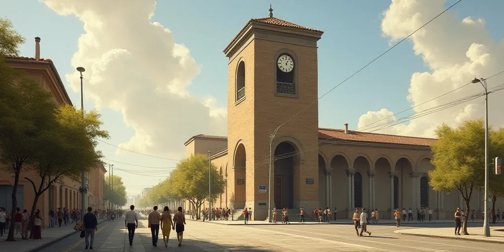 a group of people walking across a street next to a tall building with a clock on it's side, Enguerr