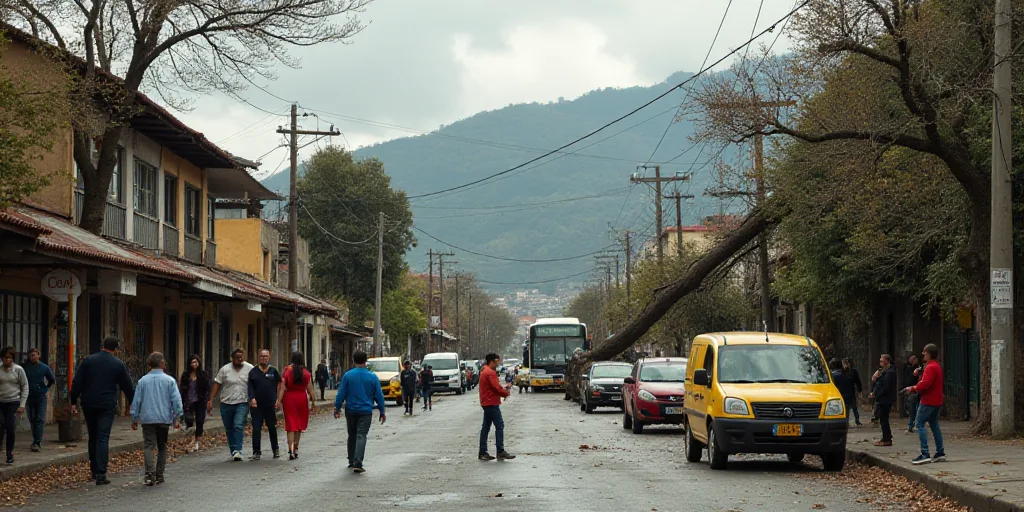 a group of people walking around a street with cars and a bus in the background and a fallen tree, E