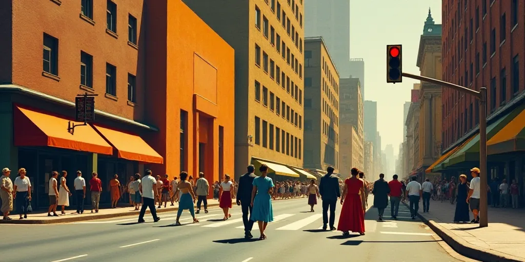 a group of people walking around a city street next to tall buildings and a traffic light on a pole,