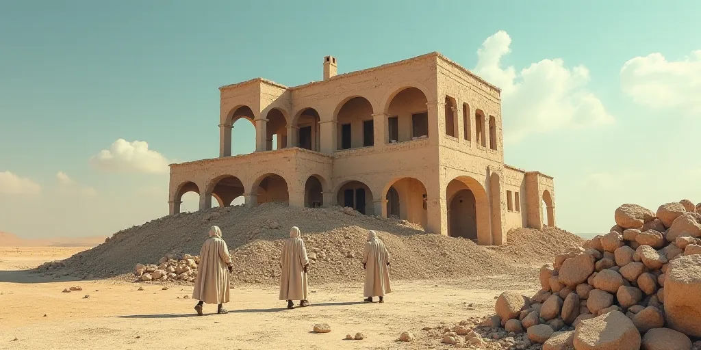 a group of people walking around a destroyed building in the desert with a sky background and a larg
