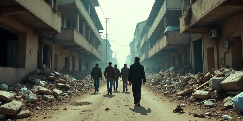 a group of people walking down a street next to a pile of trash and debris on the ground and buildin