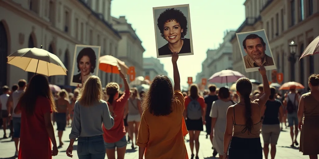 a group of people walking down a street holding signs and umbrellas in the air with pictures of peop