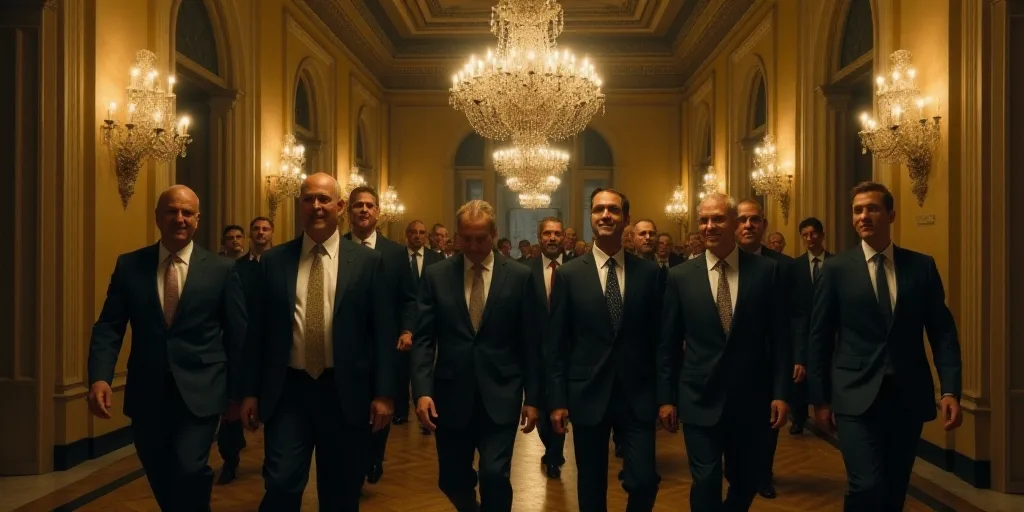 a group of people walking down a hall together in suits and ties, with a chandelier in the backgroun