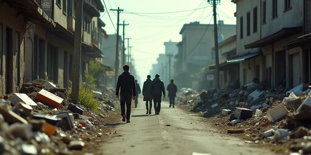 a group of people walking down a street next to a pile of trash and debris on the ground and buildin