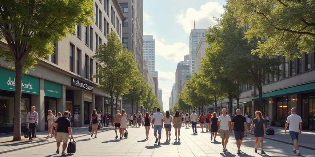 a group of people walking down a sidewalk next to a building with a sign that says melbourne square