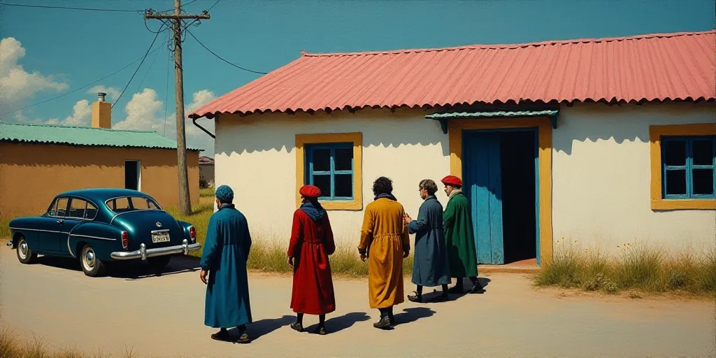 a group of people walking down a street next to a car and a building with a pink roof and a blue doo