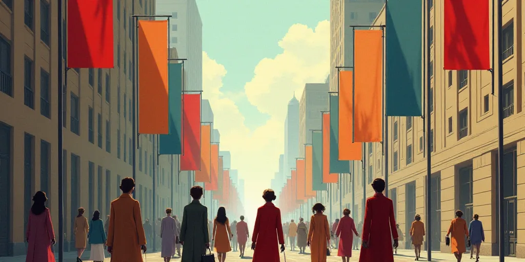a group of people walking down a street next to tall buildings with flags flying from them on poles