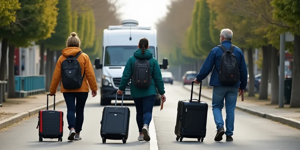 a group of people walking down a street with luggage bags and a van behind them and a bus in the bac