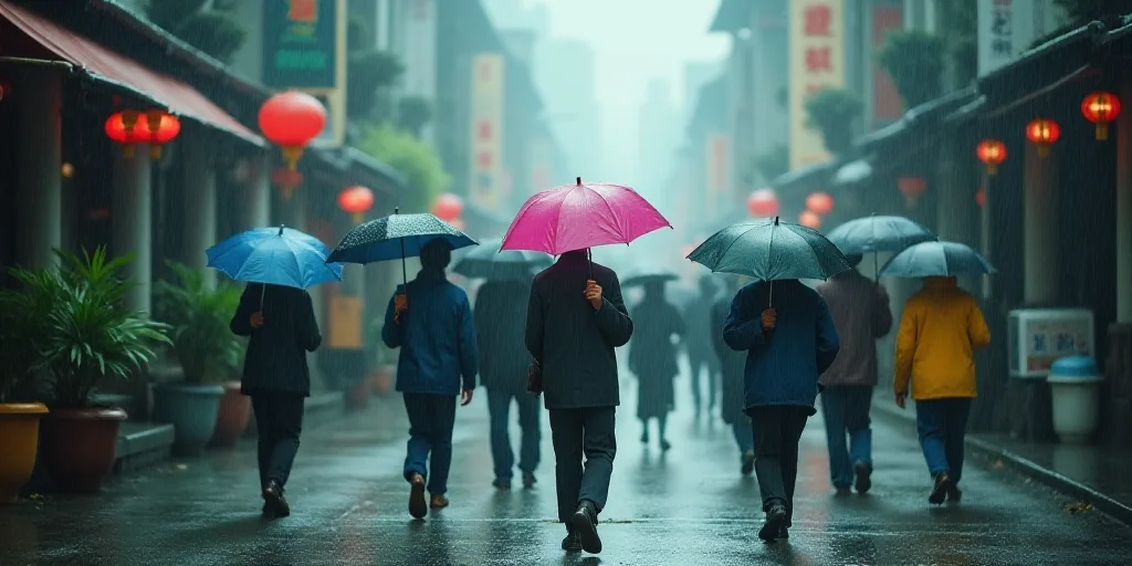 a group of people walking down a street in the rain with umbrellas over their heads and a man holdin