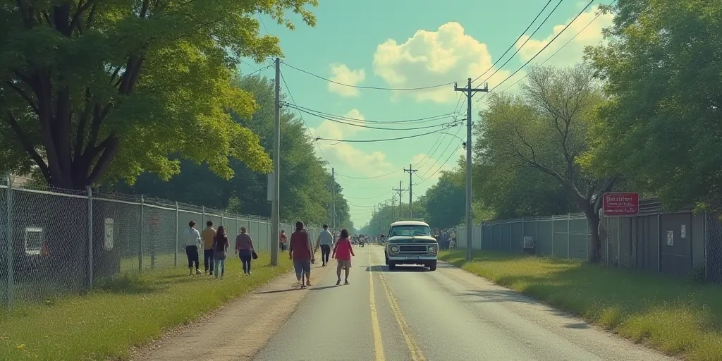 a group of people walking down a street next to a fence and a car on the road with people standing a