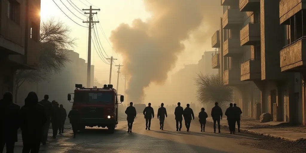 a group of people walking down a street next to a fire truck and a building with smoke pouring out o