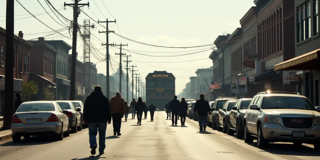 a group of people walking down a street next to parked cars and a train on a track in the background