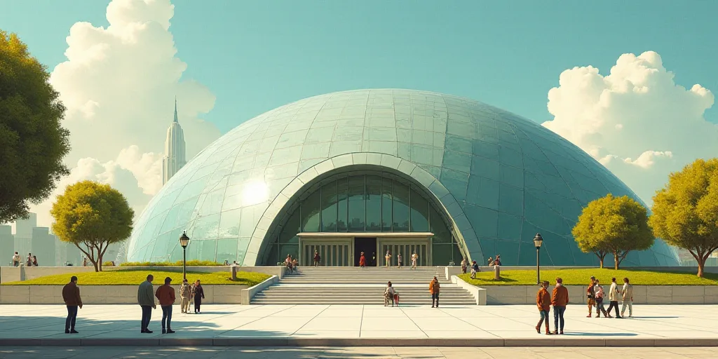 a group of people walking down a sidewalk next to a building with a glass dome on top of it, Eduardo