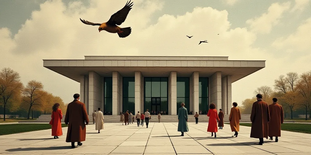 a group of people walking in front of a building with a bird flying overhead in the sky above it, Bo