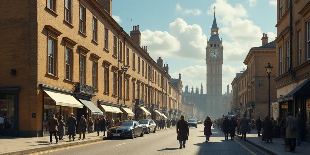 a group of people walking on a sidewalk near a street with cars and a clock tower in the background,
