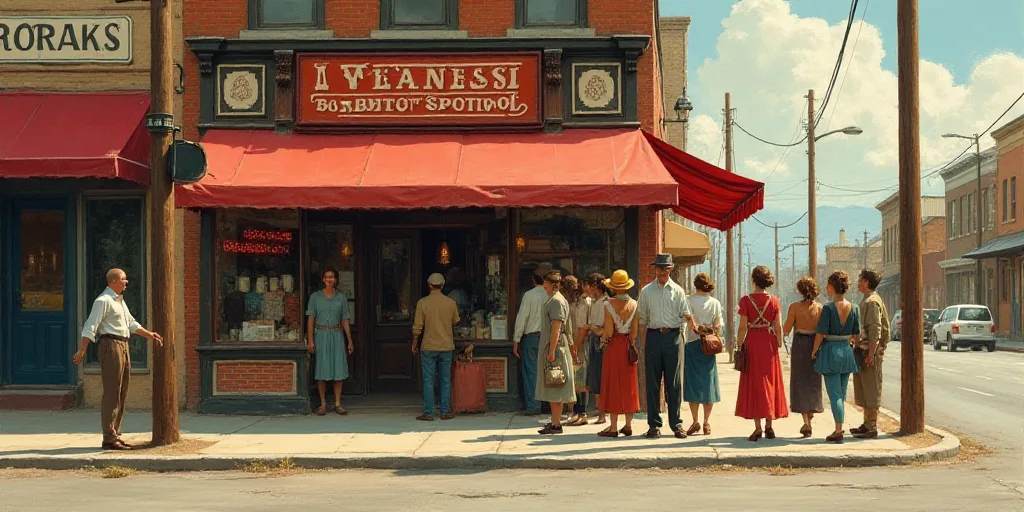 a group of people walking past a store front with a red sign on it's side and a red and white sign o