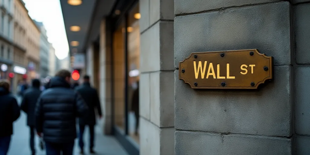 a group of people walking past a wall street sign on a building with a gold lettering on it's side,