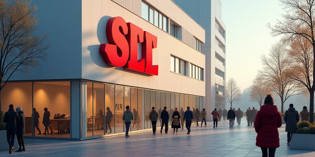 a group of people walking past a building with a logo on it's side and a person in a red jacket, Bou