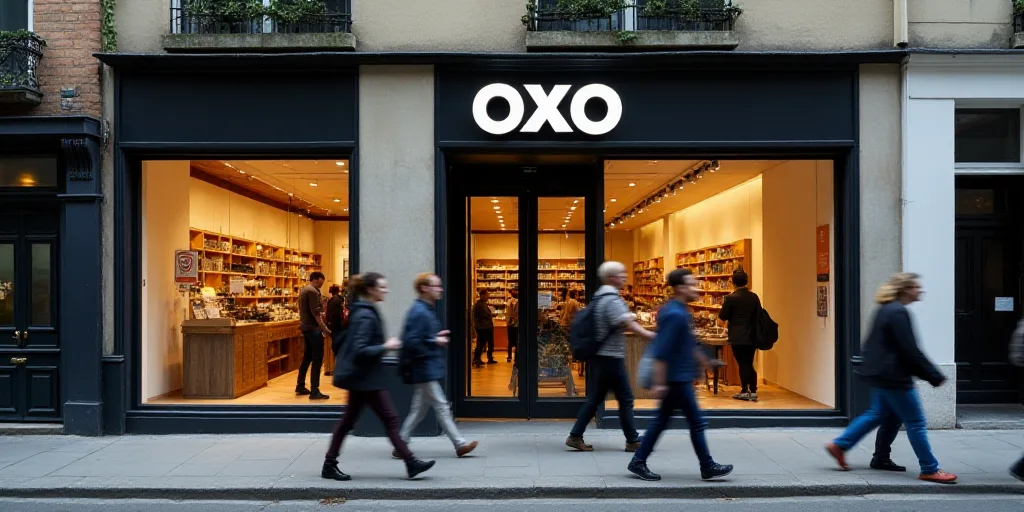 a group of people walking past a store front with a sign that says oxo on it's front, Aquirax Uno, h
