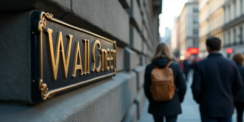 a group of people walking past a wall street sign on a building with a gold lettering on it's side,