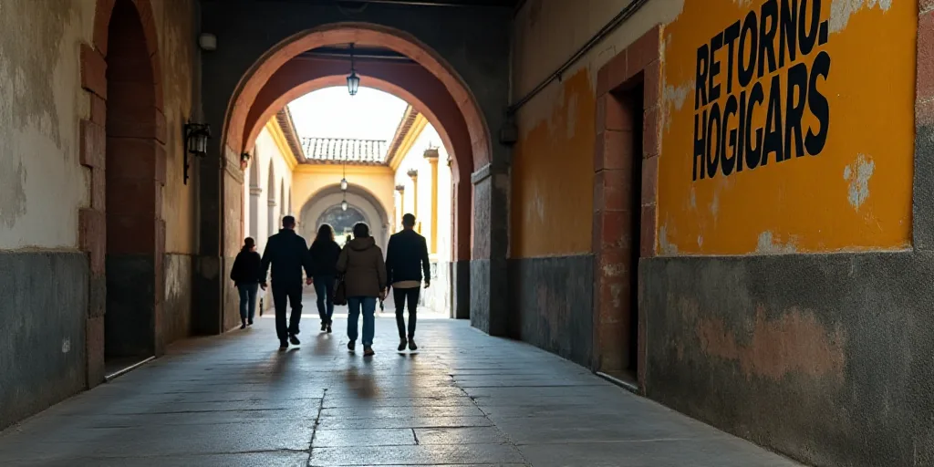 a group of people walking through a building next to a sign that says retorno hoggars, Federico Urib