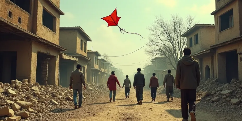 a group of people walking through a rubble covered street with buildings in the background and a kit