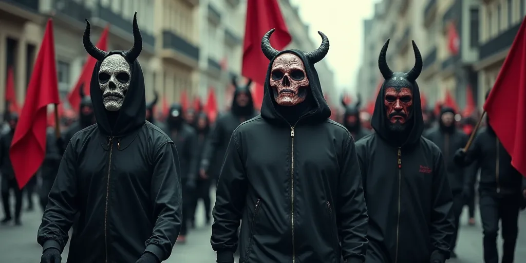 a group of people with painted faces and costumes on walking down a street with flags and masks on t