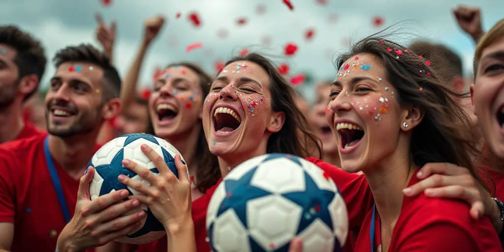 a group of people with soccer balls and confetti on their faces and hands, all smiling and confetti