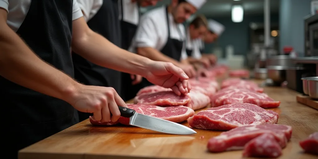 a group of people working in a kitchen preparing meats for sale on a table with a butcher knife, And