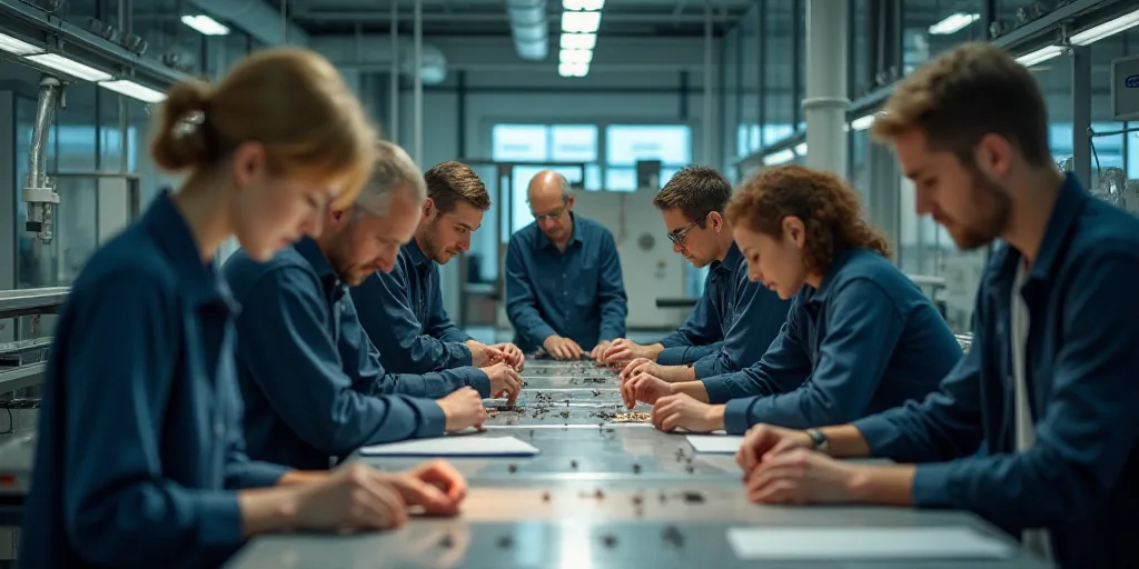 a group of people working on a project together in a factory or assembly line, with a man in the bac