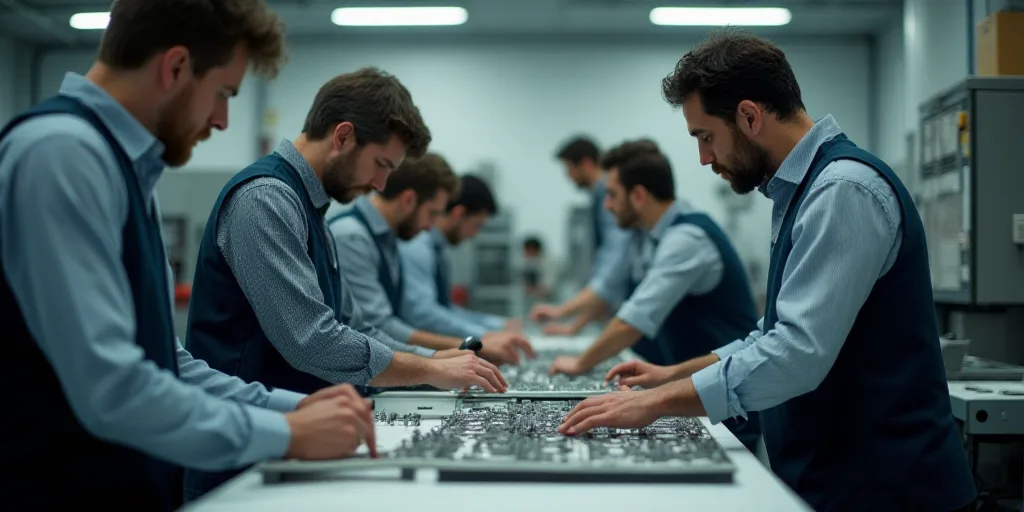 a group of people working on a project together in a factory or assembly line, with a man in the bac
